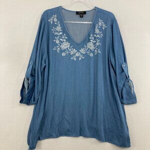 Karen Kane size 2X Blue White Floral V Neck Soft Rayon Flowy Blouse Feminine